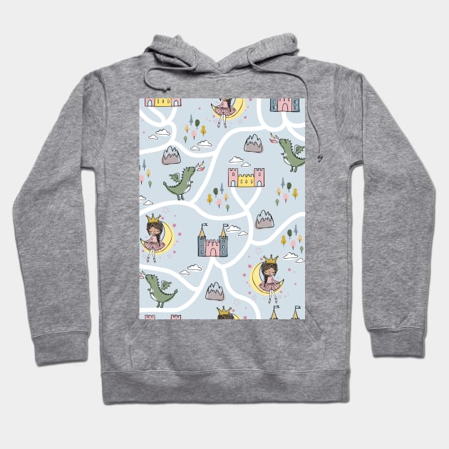 Childish seamless pattern with princess and dragon blue background Hoodie by Arch4Design